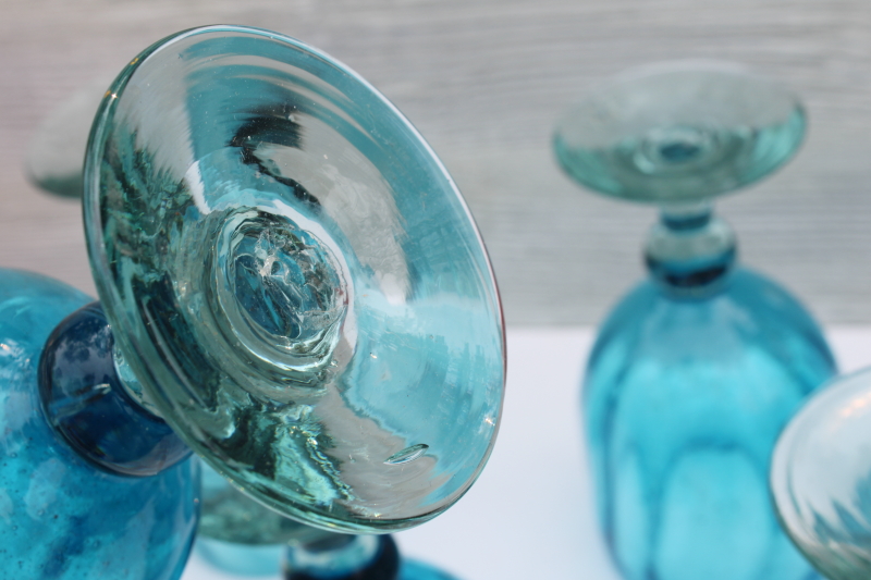 big mod chunky hand blown glass goblets, aqua  sea glass green water or wine glasses