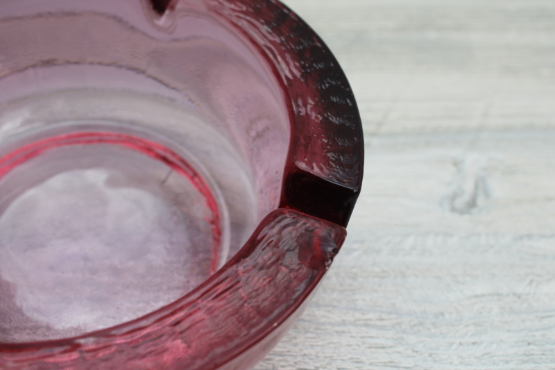 big mod heavy glass bowl, 1970s vintage cranberry pink glass ashtray
