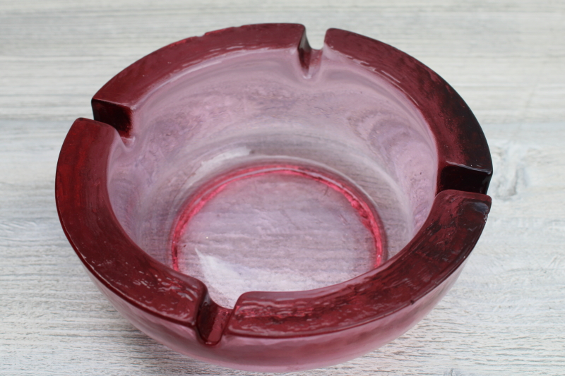 big mod heavy glass bowl, 1970s vintage cranberry pink glass ashtray