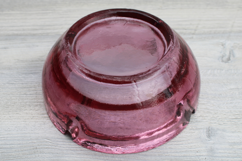 big mod heavy glass bowl, 1970s vintage cranberry pink glass ashtray