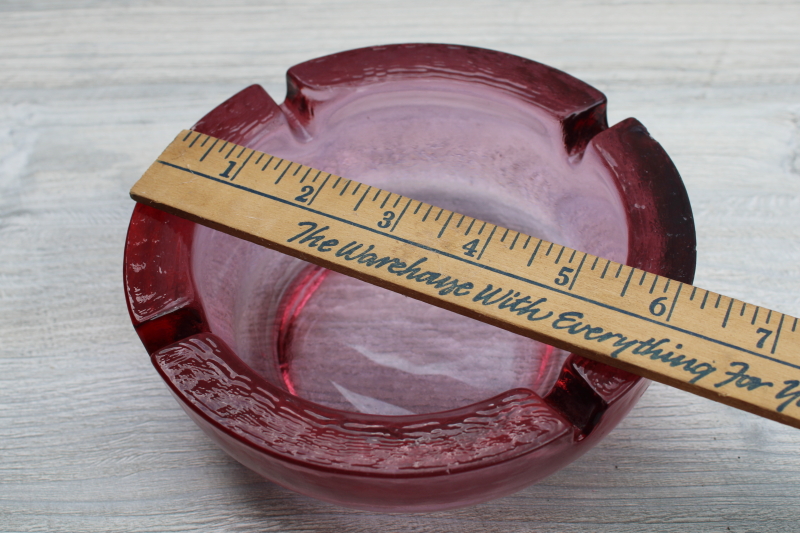 big mod heavy glass bowl, 1970s vintage cranberry pink glass ashtray
