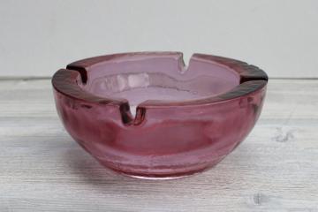 big mod heavy glass bowl, 1970s vintage cranberry pink glass ashtray