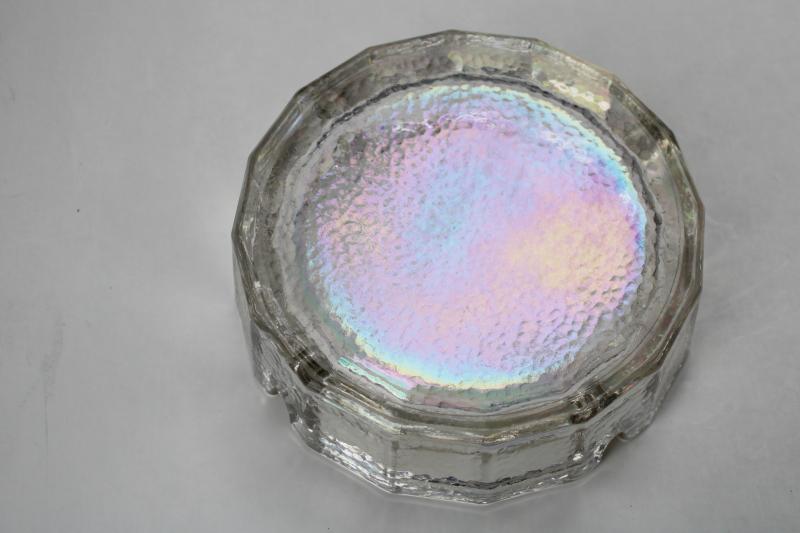 big mod vintage ice textured glass ashtray, iridescent white carnival glass