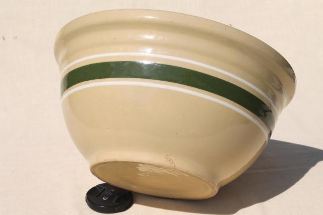 big old Watt pottery bowl, #12 green band yellow ware mixing bowl, 1930s vintage