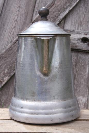 big old aluminum coffee pot, farmhouse coffeepot for camping or primitive kitchen