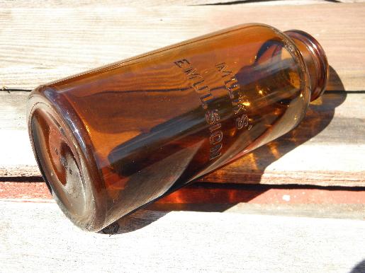 big old amber glass patent medicine bottle, Milks Emulsion display jar