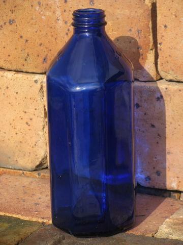 big old cobalt blue glass medicine bottles, vintage bottle lot