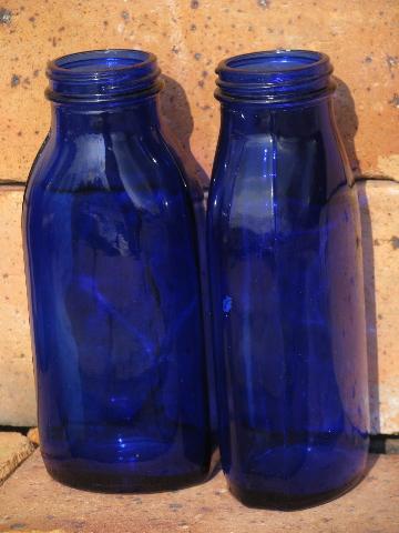 big old cobalt blue glass medicine bottles, vintage bottle lot