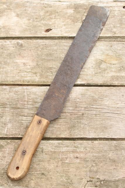 big old corn knife hay cutter machete, vintage forged steel blade primitive farm tool