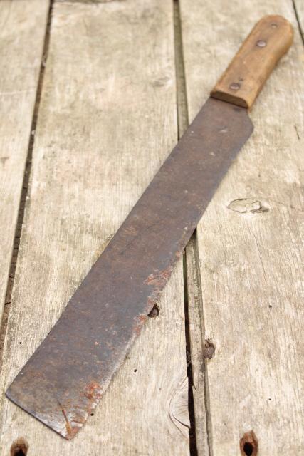 big old corn knife hay cutter machete, vintage forged steel blade primitive farm tool