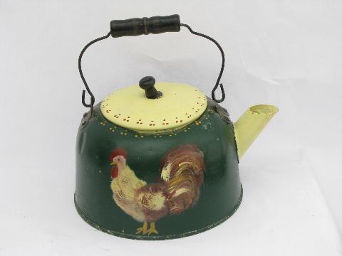 big old country primitive kettle planter, hand painted folk art rooster