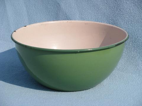 big old enamelware kitchen bowl, vintage jadite green & pale pink!