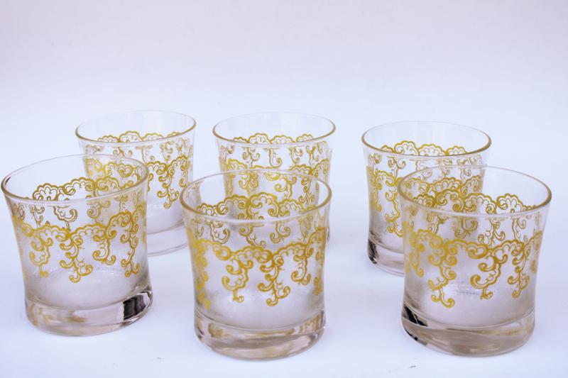 big old fashioned glasses, vintage bar tumblers chantilly lace yellow filigree print