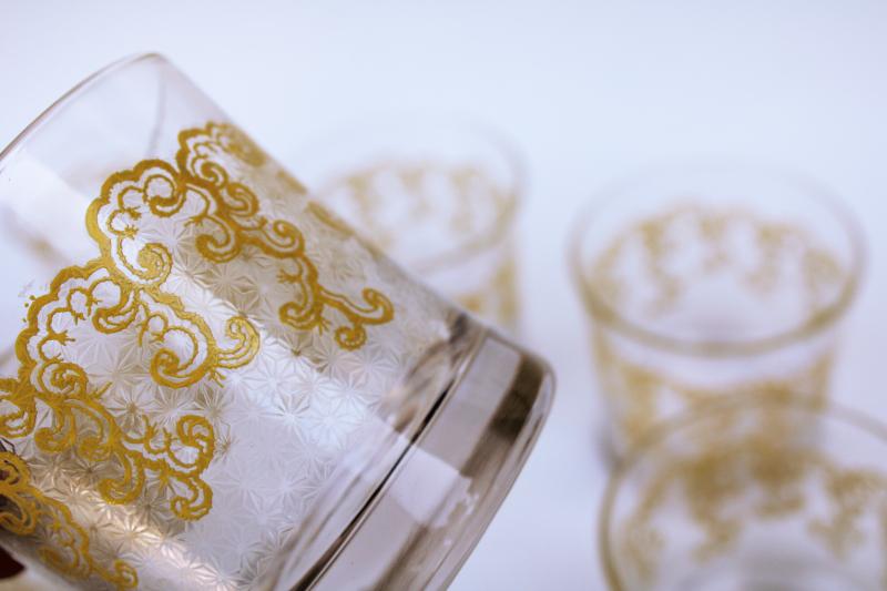 big old fashioned glasses, vintage bar tumblers chantilly lace yellow filigree print