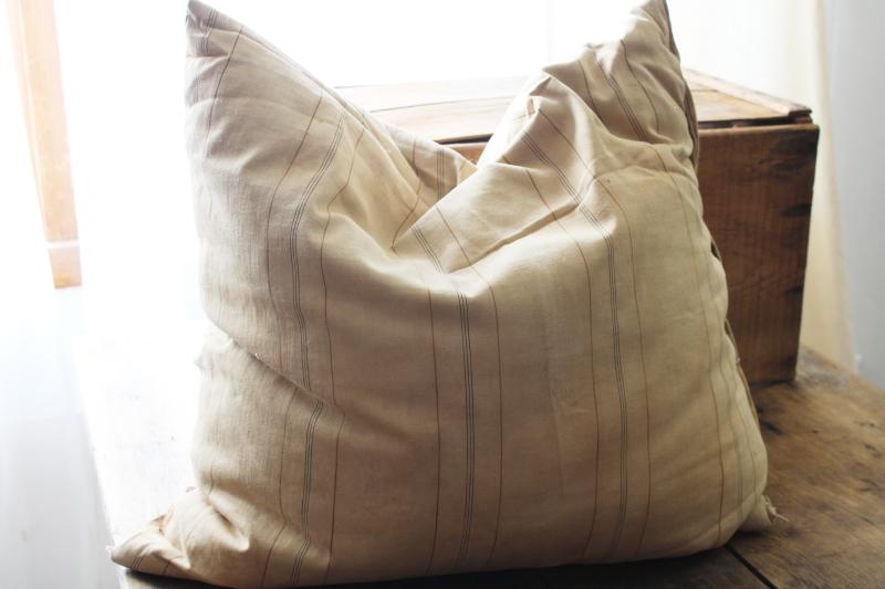 big old feather pillow, square cushion primitive vintage brown stripe cotton ticking