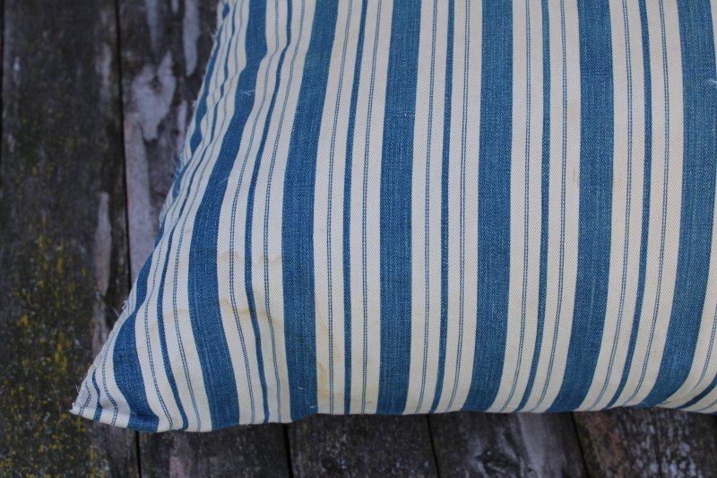 big old feather pillow, wide blue stripe vintage cotton ticking fabric