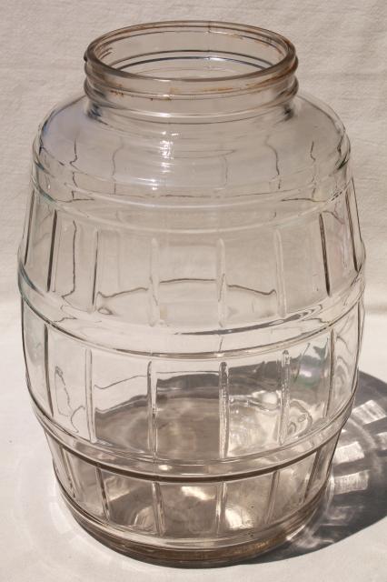 big old glass pickle barrel jar, vintage general store counter canister