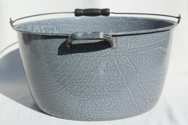 big old grey graniteware enamel kettle, bail handle cooking pot, vintage enamelware