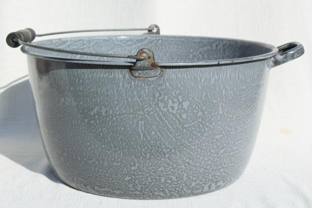 big old grey graniteware enamel kettle, bail handle cooking pot, vintage enamelware