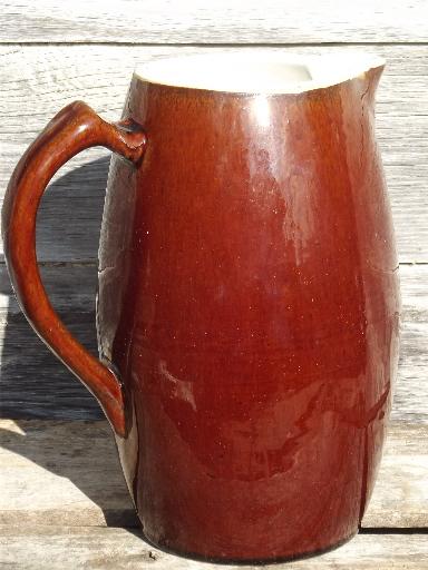 big old heavy stoneware jug, antique vintage pottery milk pitcher