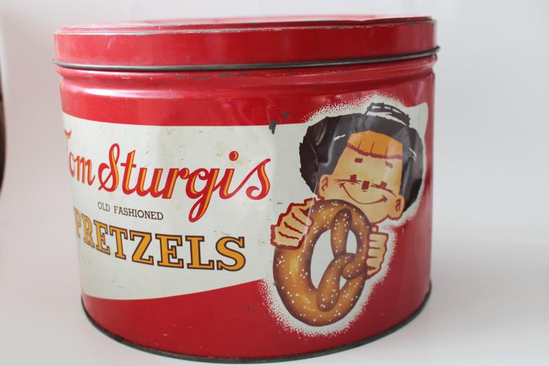 big old metal tin from pretzels, Amish boy graphics Pennsylvania Dutch country