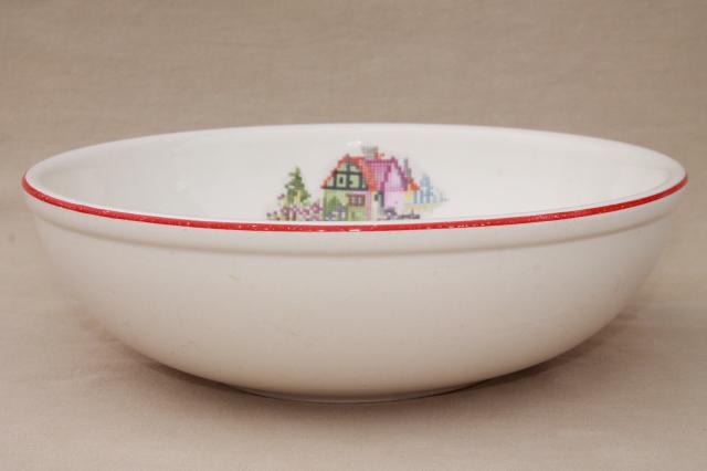 big old pottery mixing bowl, cross-stitch petit point cottage home sweet home pattern