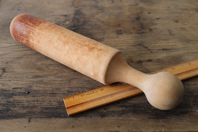 big old primitive wood masher, carved wooden pestle for cone strainer colander