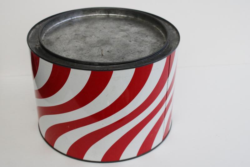 big old round candy tin, vintage red & white stripe peppermint twist store display can