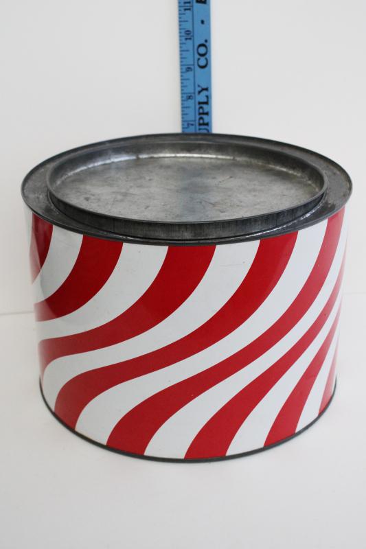 big old round candy tin, vintage red & white stripe peppermint twist store display can