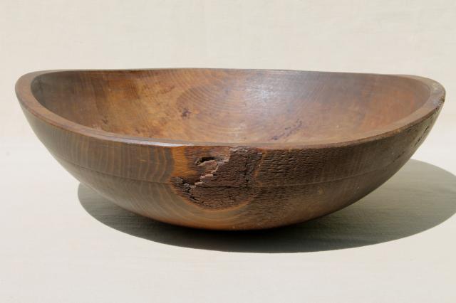 big old rustic wood bowl, antique vintage farmhouse kitchen primitive bowl out of round