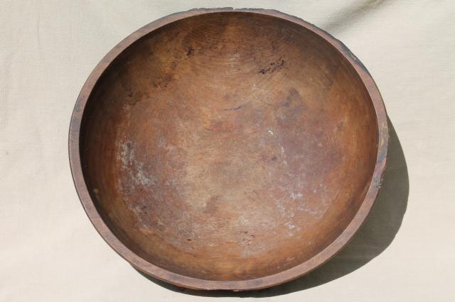 big old rustic wood bowl, antique vintage farmhouse kitchen primitive bowl out of round