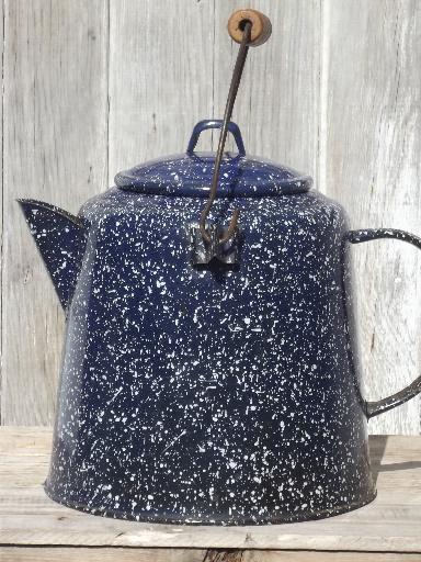 big old spatterware enamel coffee pot, camping coffee pot with wire handle 