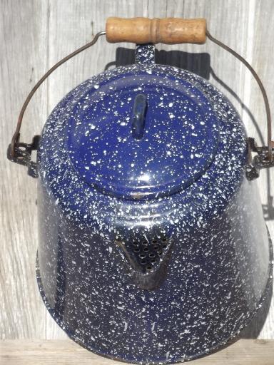 big old spatterware enamel coffee pot, camping coffee pot with wire handle 