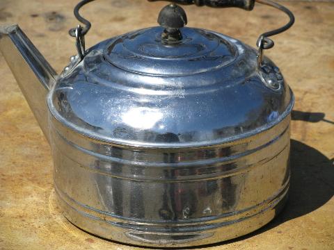 big old tinned copper tea kettle, vintage Revere