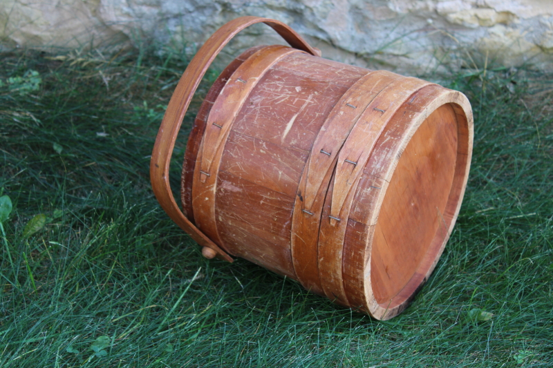 big old wood stave bucket, banded wooden pail, rustic primitive vintage farmhouse decor