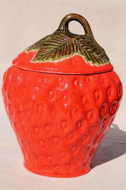 big red strawberry, 70s 80s vintage handmade ceramic cookie jar, retro!