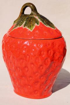 big red strawberry, 70s 80s vintage handmade ceramic cookie jar, retro!