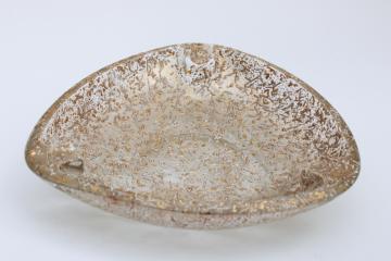 big retro glass ashtray, mid century mod vintage gold & white splatter texture glass