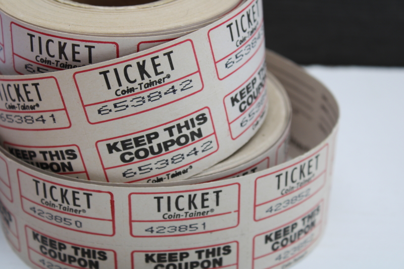 big rolls of paper tickets, red & white event or raffle tickets lot for upcycle etc
