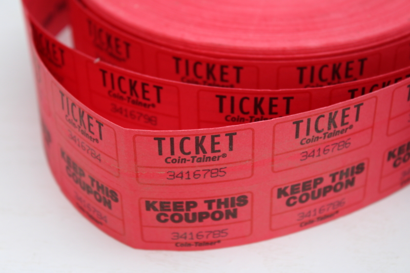 big rolls of paper tickets, red & white event or raffle tickets lot for upcycle etc
