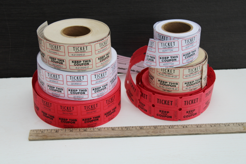 big rolls of paper tickets, red & white event or raffle tickets lot for upcycle etc