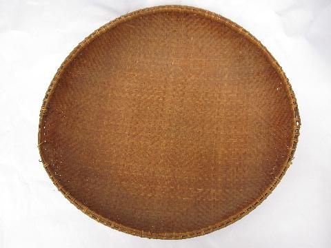 big round bottomed woven bowl, vintage camp souvenir Indian basket