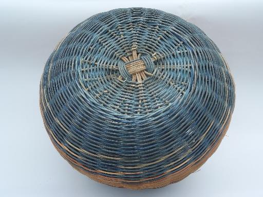 big round bottomed woven wicker basket, 80s vintage, colored stripes