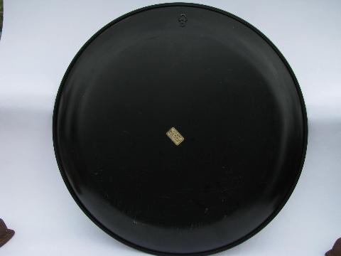 big round hand-painted tole tray, 1940s- 50s vintage, autumn fruit on black