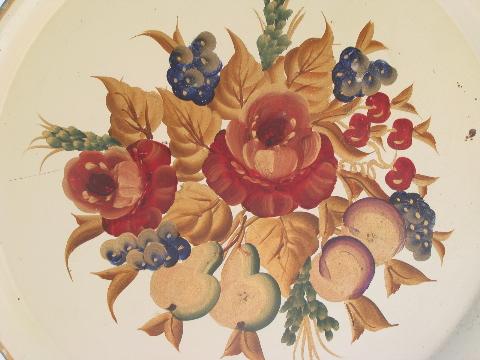 big round hand-painted tole tray, 1940s- 50s vintage, fruit & flowers on ivory