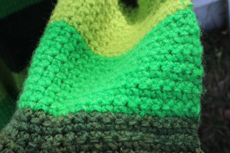 big thick striped wool blanket, hippie vintage handmade crochet afghan green stripes
