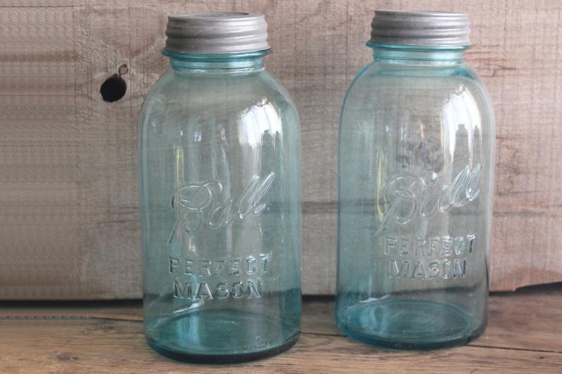 big two quart size vintage Ball Mason jars w/ zinc lids, old aqua blue glass canning jars