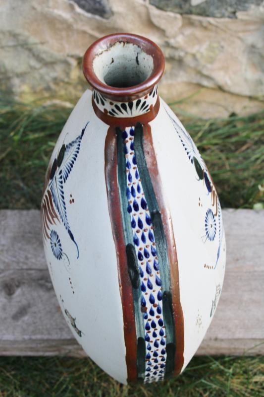 big vintage Tonala Mexican pottery shoulder vase or pillow vase hand painted