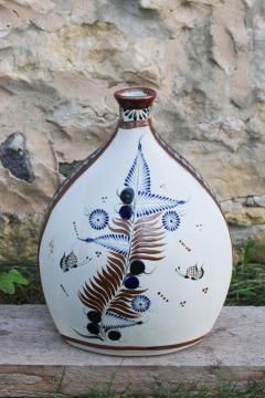 big vintage Tonala Mexican pottery shoulder vase or pillow vase hand painted