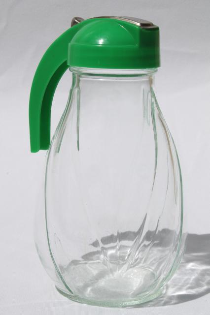 big vintage glass syrup pitcher w/ green plastic dispenser lid, one quart jar